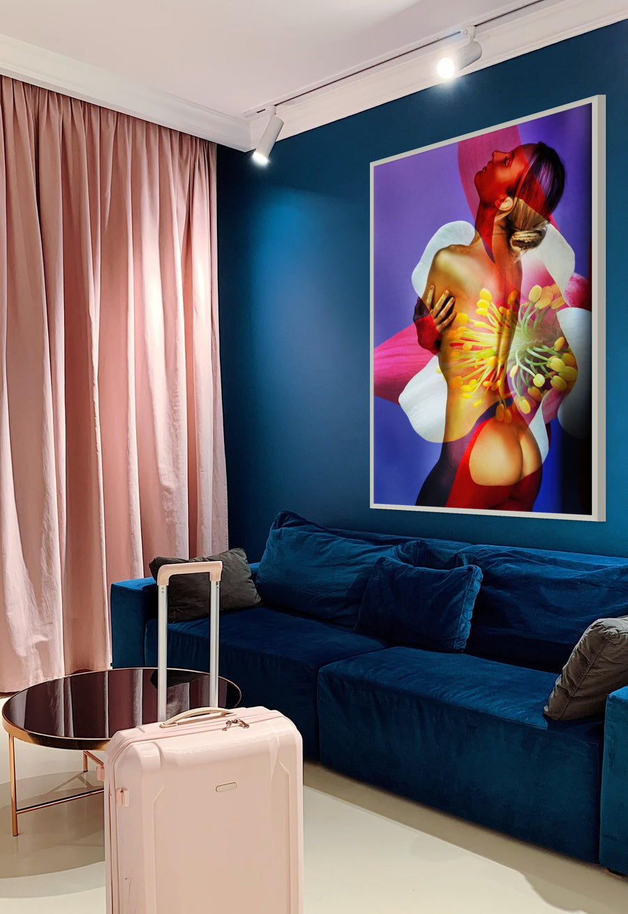 Colorful fine art wall decor of a nude woman blended with a blooming flower, symbolizing sensuality, rebirth, and vibrant transformation in contemporary art photography.