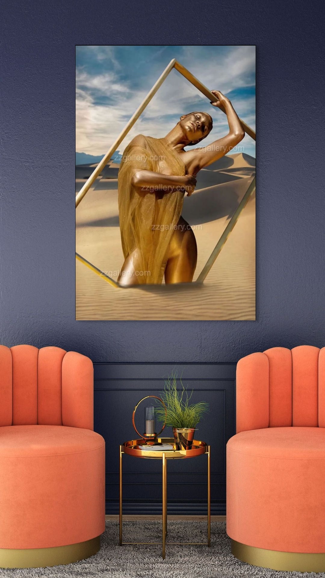Golden-painted feminine figure draped in translucent golden fabric, posing in a desert landscape with a modern geometric frame — fine art wall photography.