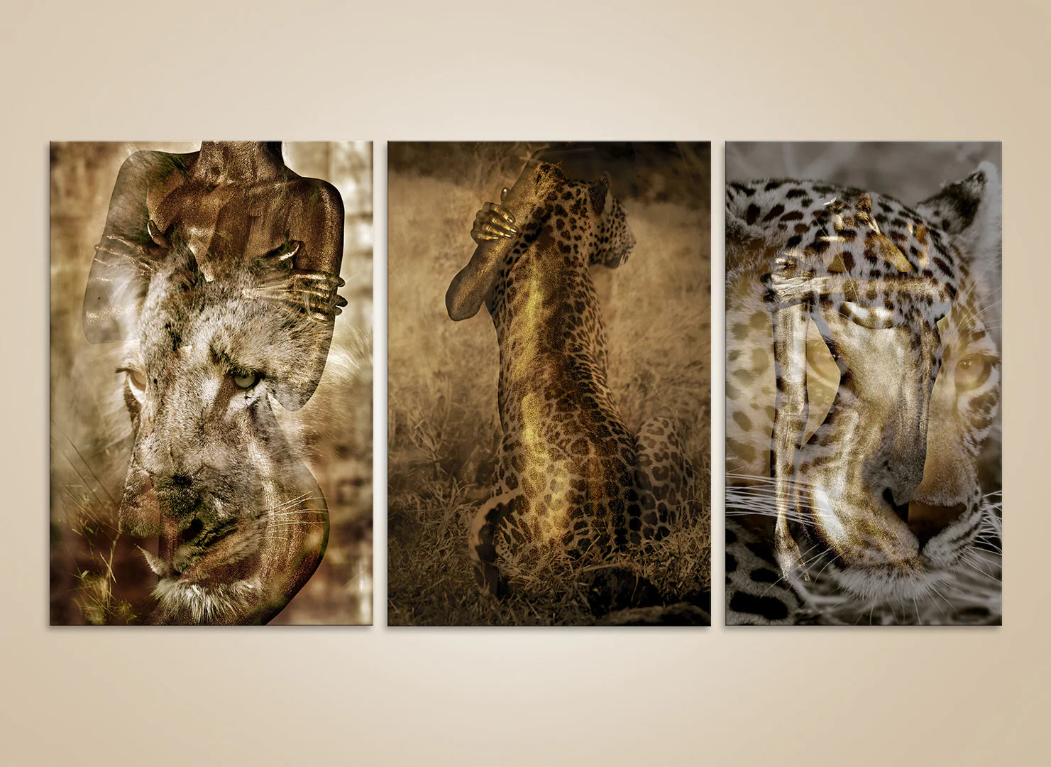 Feline fusion triptych wall art – fine art photography blending golden-painted female body with leopard and lion symbolism for luxury interiors.