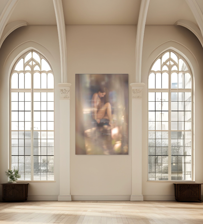 Fine art photography by Zack Zublena, featuring a golden-painted figure seated in meditation within a cathedral-like space, surrounded by ethereal golden light and spiritual ambiance.