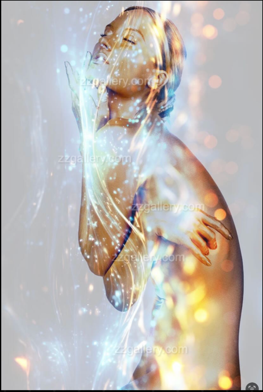 female figure surrounded by glowing light and cosmic energy – fine art photography by Zack Zublena, feminine wall art