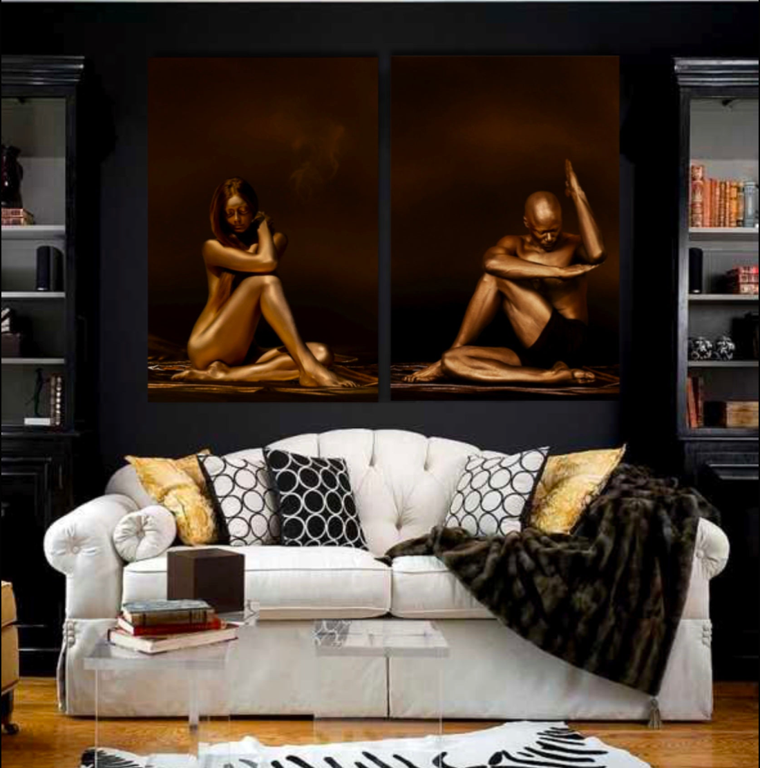 Fine art golden diptych featuring female and male figures, styled in an elegant living room with modern black and white decor.