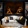Fine art golden nude diptych featuring female and male figures, styled in an elegant living room with modern black and white decor.