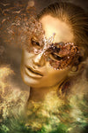Golden-painted woman wearing an ornate Venetian mask, dissolving into birds and flames, symbolic fine art wall decor by Zack Zublena.