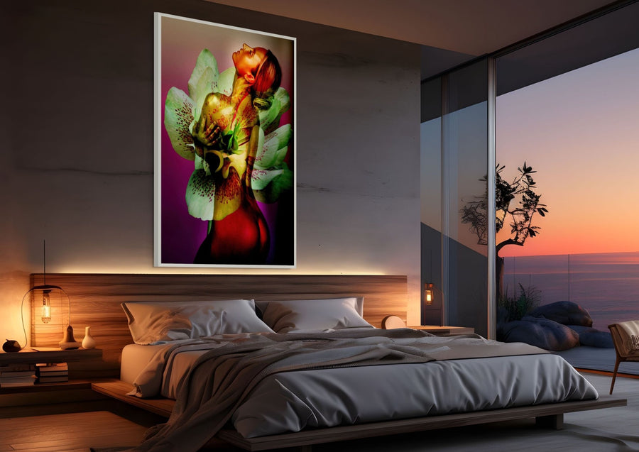 Golden nude female merged with orchid flower in mystical floral wall art by Zack Zublena – sensual feminine photography for luxury interiors