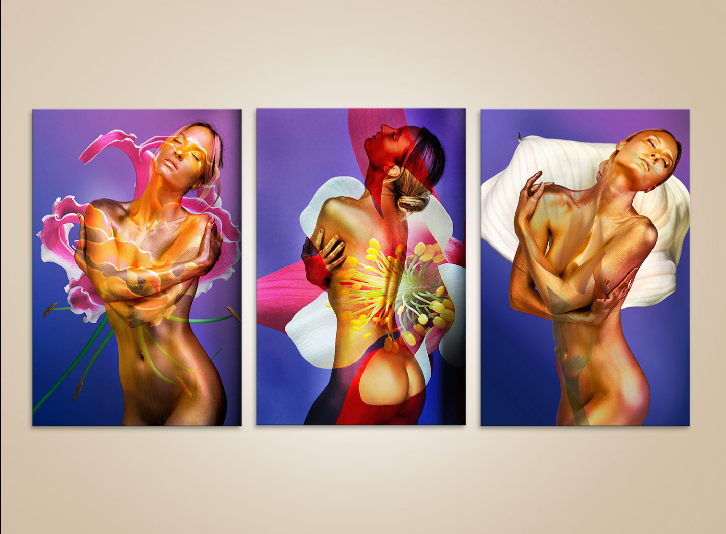 Floral golden figures trio wall art – fine art photography blending golden-painted figures forms with vivid flowers for luxury interiors and collectors.