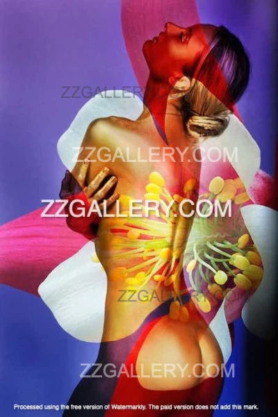 Golden floral female nude with petals and flower anatomy, vibrant spiritual wall art