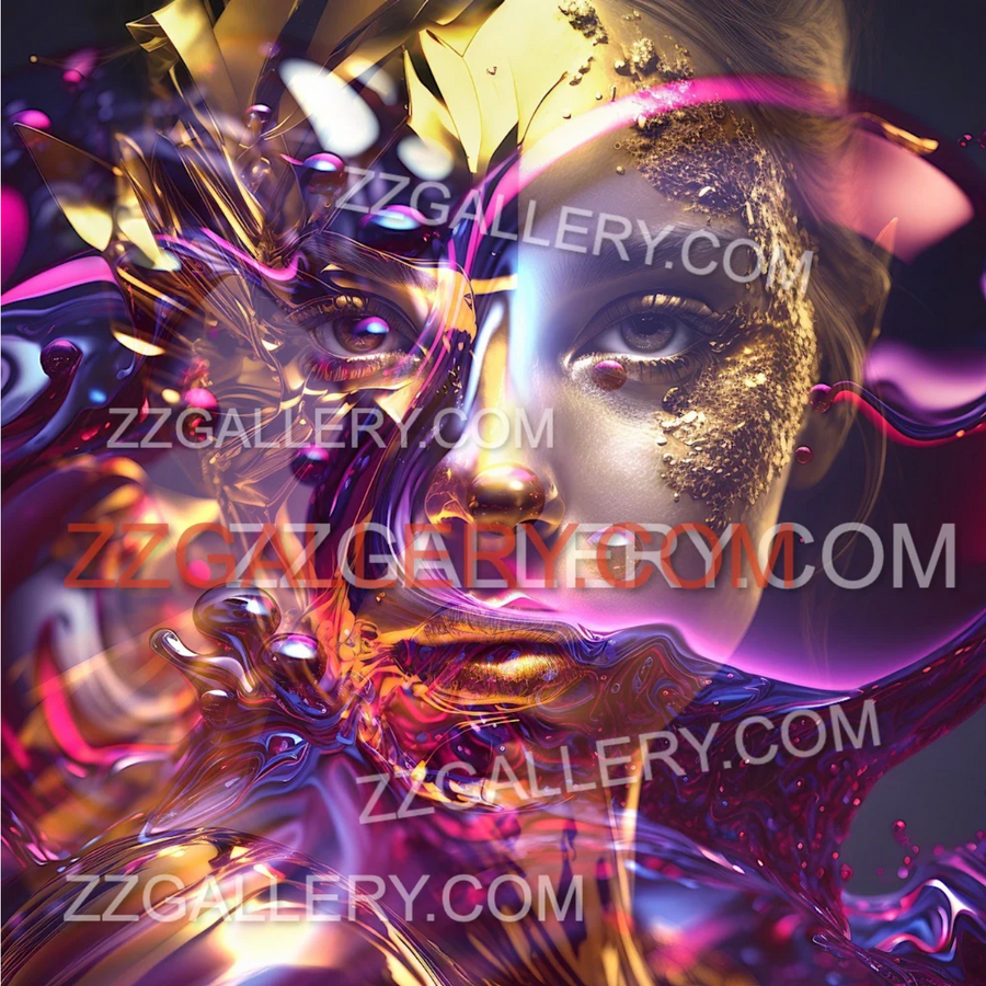 Divine feminine face in gold and purple cosmic waves – AI spiritual fine art
