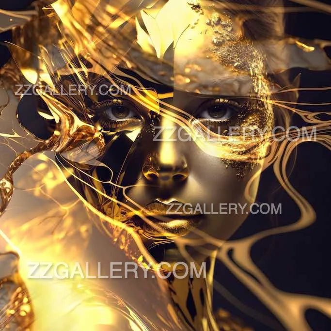 Divine feminine face in golden liquid waves and cosmic surreal textures