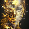 Surreal golden goddess portrait with layered metallic shards and a feline aura — luxury gold wall art by Zack Zublena