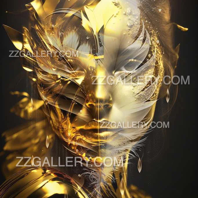 Surreal golden goddess portrait with layered metallic shards and a feline aura — luxury gold wall art by Zack Zublena