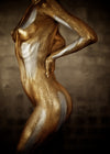 Gold and silver body-painted female figure in artistic pose, fine art photography of divine feminine energy, beautiful breast, nipples, model, gorgeous breast