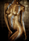 Front view of nude female body painted in gold and silver, fine art photography expressing sacred feminine beauty and energy