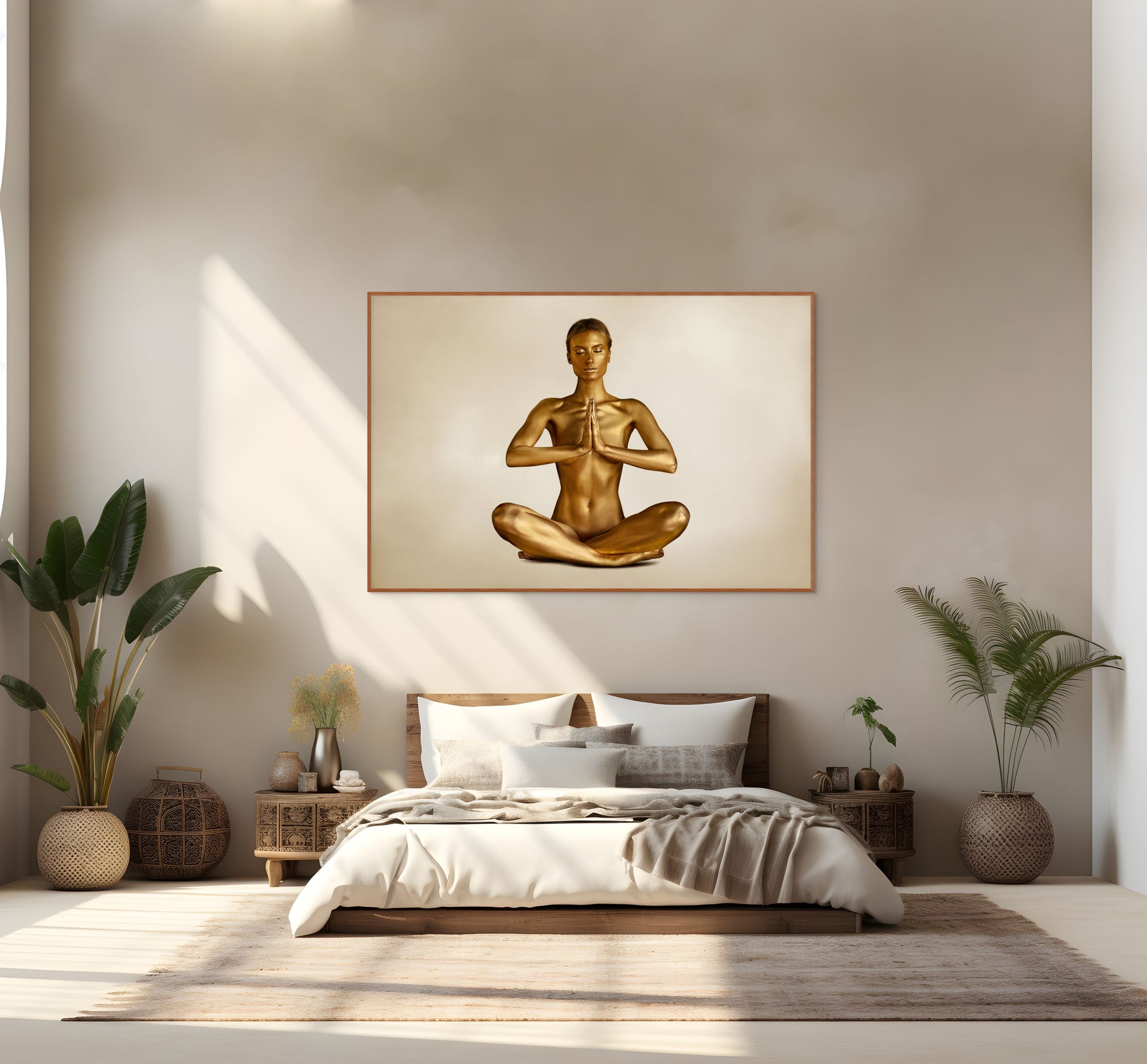 Golden-painted silhouette in a serene meditation pose with hands pressed together in prayer, captured in Zack Zublena’s fine art photography. Perfect for spiritual wall art, yoga studio decor, or luxury home interiors.