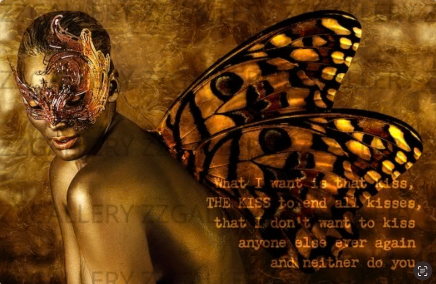 Gold female portrait with fiery masquerade mask, monarch butterfly wing, and typewriter love quote on gold background — luxury surreal wall art by Zack Zublena