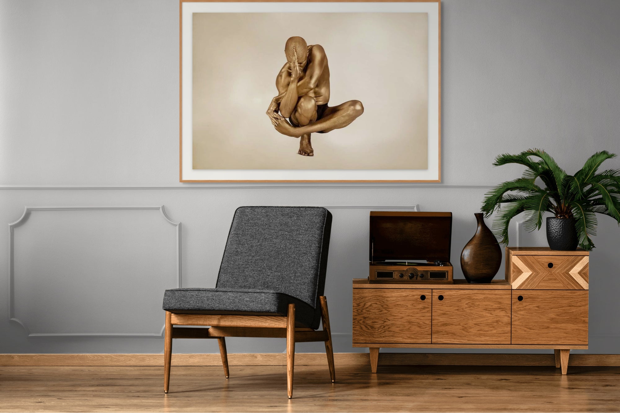 Golden figure in a surreal yoga pose, appearing to balance gracefully in mid-air. Conceptual fine art photography symbolizing transcendence, balance, and meditation."