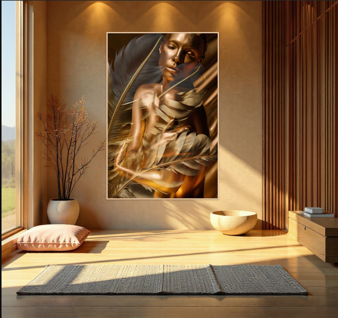 Golden portrait with feather details in warm light — surreal fine art wall decor adding elegance and tranquility to modern interiors.