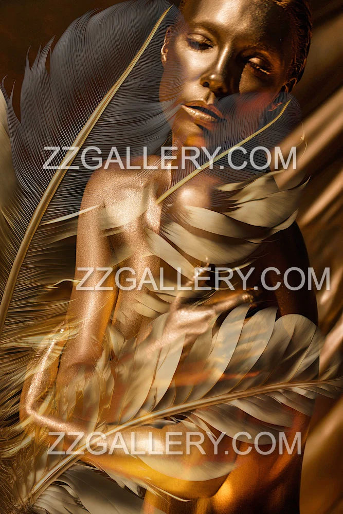 Golden feather goddess portrait in warm tones. Surreal fine art wall print for living rooms, hotels, and spas. Limited edition, museum-quality.
