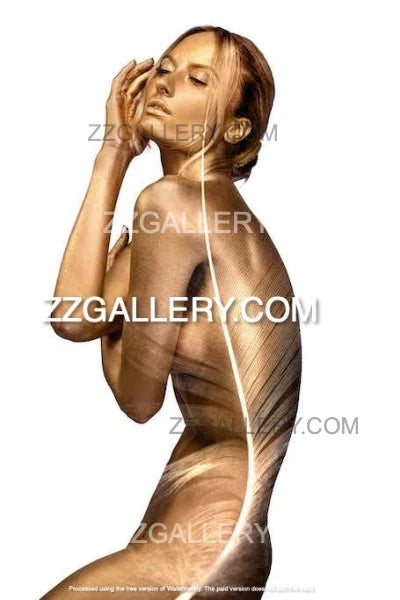 Golden-painted nude female with feather motif – luxury fine art wall decor.
