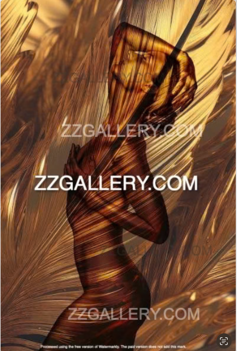 Gold female nude with black and brown feathers — feather overlay portrait wall art by Zack Zublena