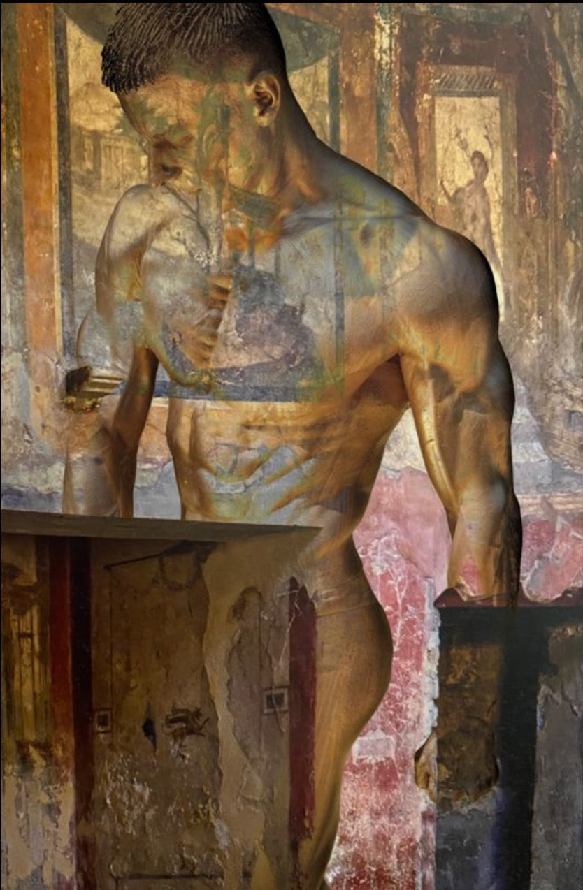 Golden-painted masculine silhouette blended with ancient fresco textures, fine art composition evoking classical heritage and contemporary artistry.