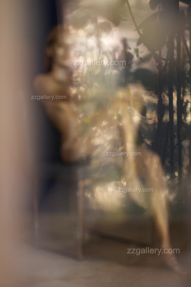 Golden nude figure blurred behind glass with foliage and abstract light patterns, blending body, nature, and reflection in fine art.