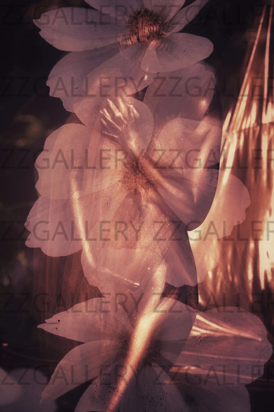 Surreal golden nude with floral overlay fine art photography wall decor
