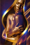 Golden nude woman in abstract surreal frame with flowing curves, sensual fine art photography wall decor by ZZGallery.