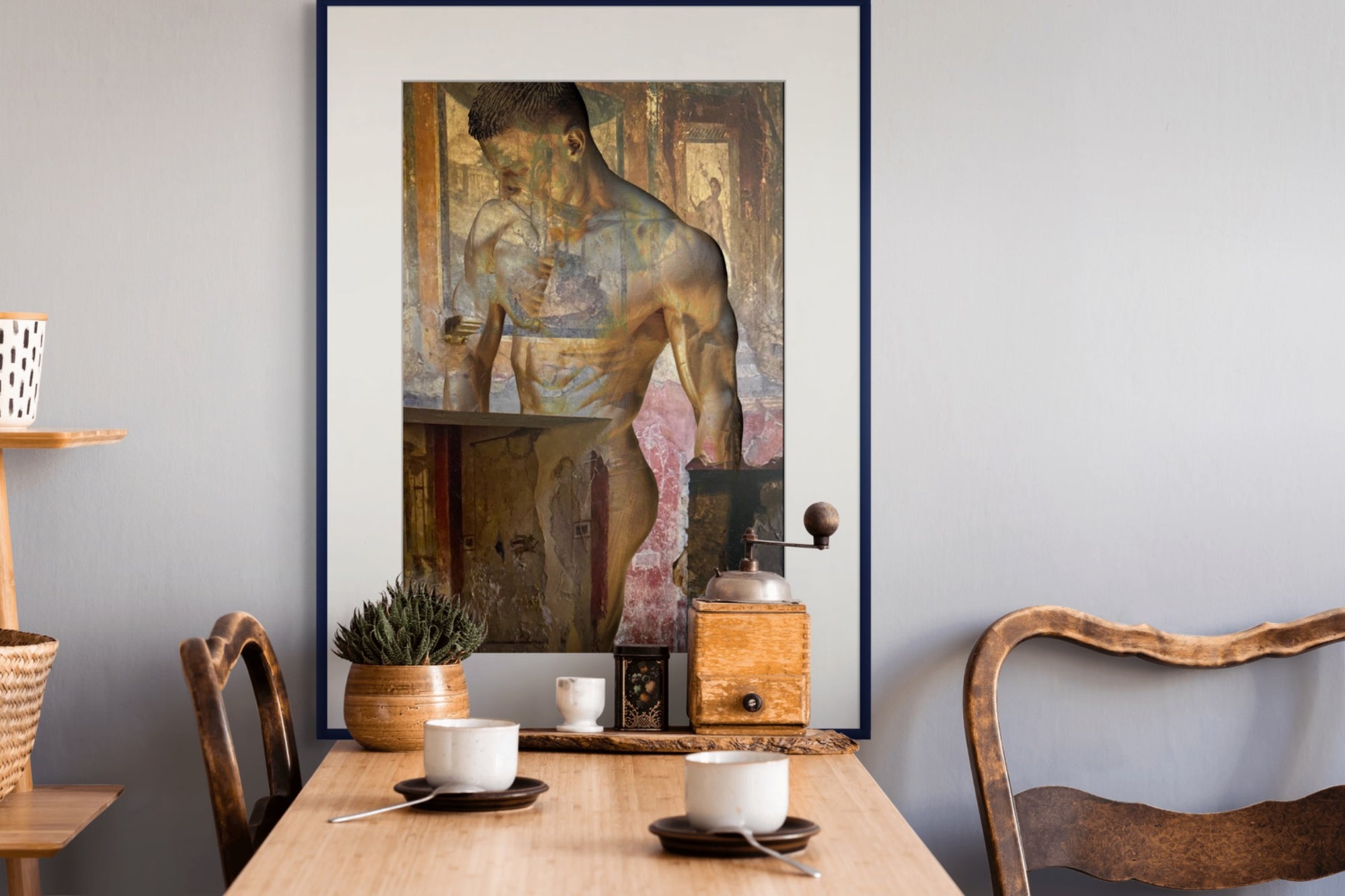 Golden silhouette fine art print blended with ancient fresco textures, creating a powerful fusion of classical and contemporary artistry. Perfect for collectors of luxury wall art, spiritual interiors, and masculine renaissance-inspired decor.