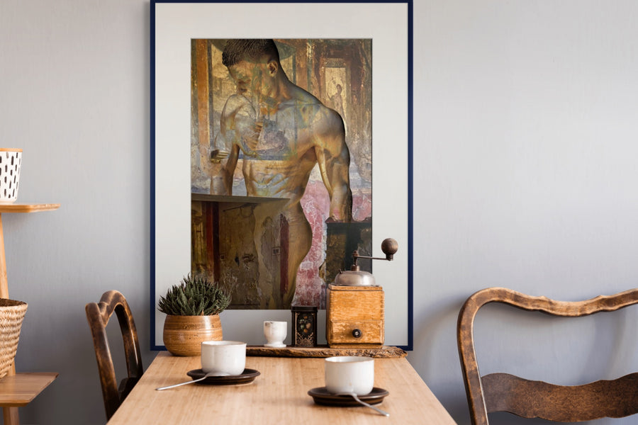 Golden silhouette fine art print blended with ancient fresco textures, creating a powerful fusion of classical and contemporary artistry. Perfect for collectors of luxury wall art, spiritual interiors, and masculine renaissance-inspired decor.