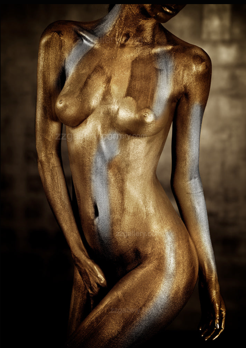 Front view of female figure with gold and silver artistic finish, fine art photography expressing sacred feminine beauty and energy.