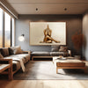 Golden yoga wall art showcased in a contemporary interior with earthy tones, modern sofa, large windows, and warm ambient lighting.