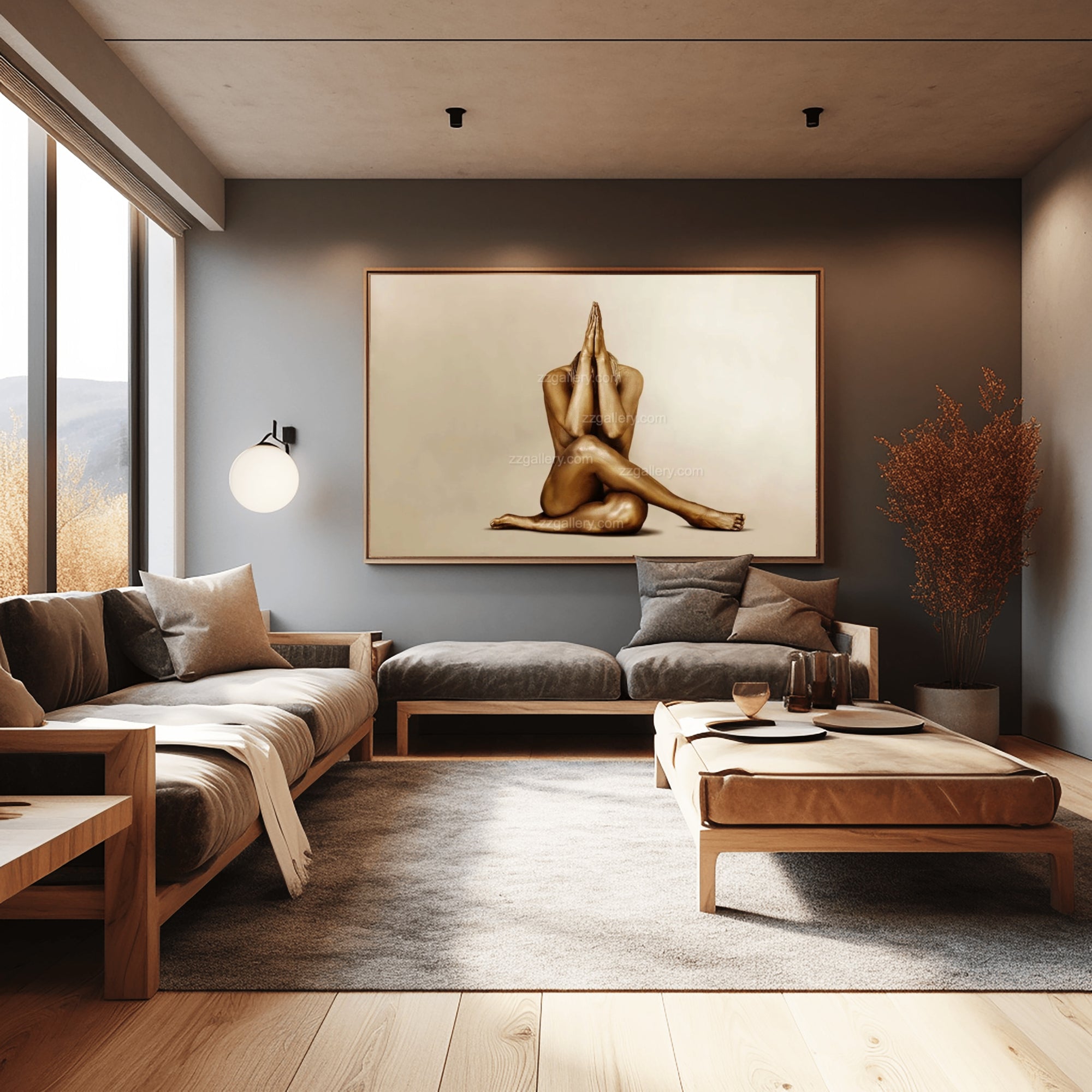 Golden yoga wall art showcased in a contemporary interior with earthy tones, modern sofa, large windows, and warm ambient lighting.