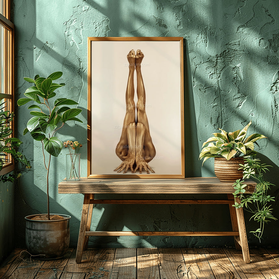 Golden yoga pose artwork displayed on rustic green wall with plants, ideal for yoga centers, spas, resorts, and luxury interiors.