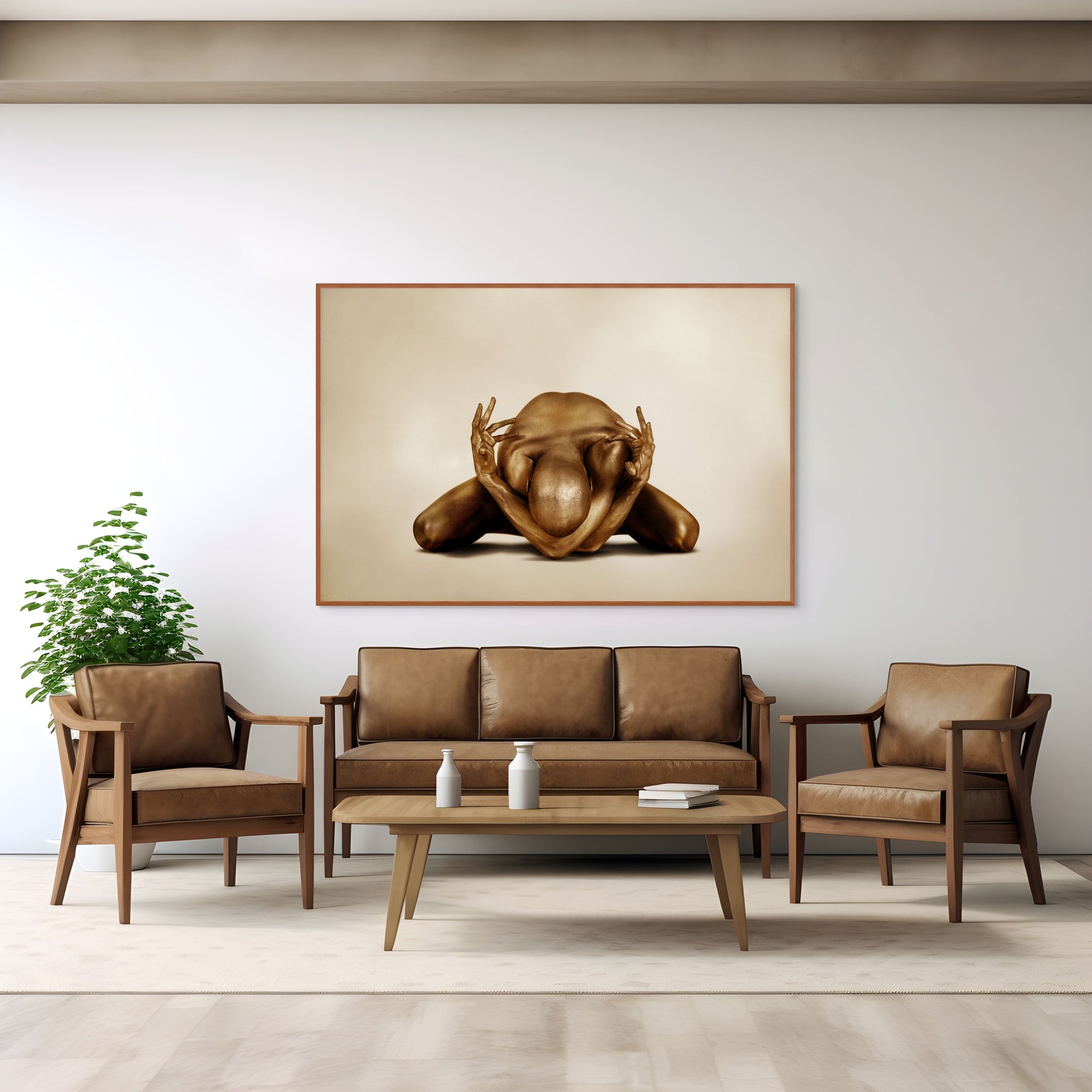 Golden yogi in meditative pose – conceptual fine art photography blending spirituality, quantum field energy, and edgy contemporary wall art.