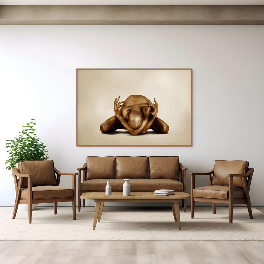 Golden yogi in meditative pose – conceptual fine art photography blending spirituality, quantum field energy, and edgy contemporary wall art.
