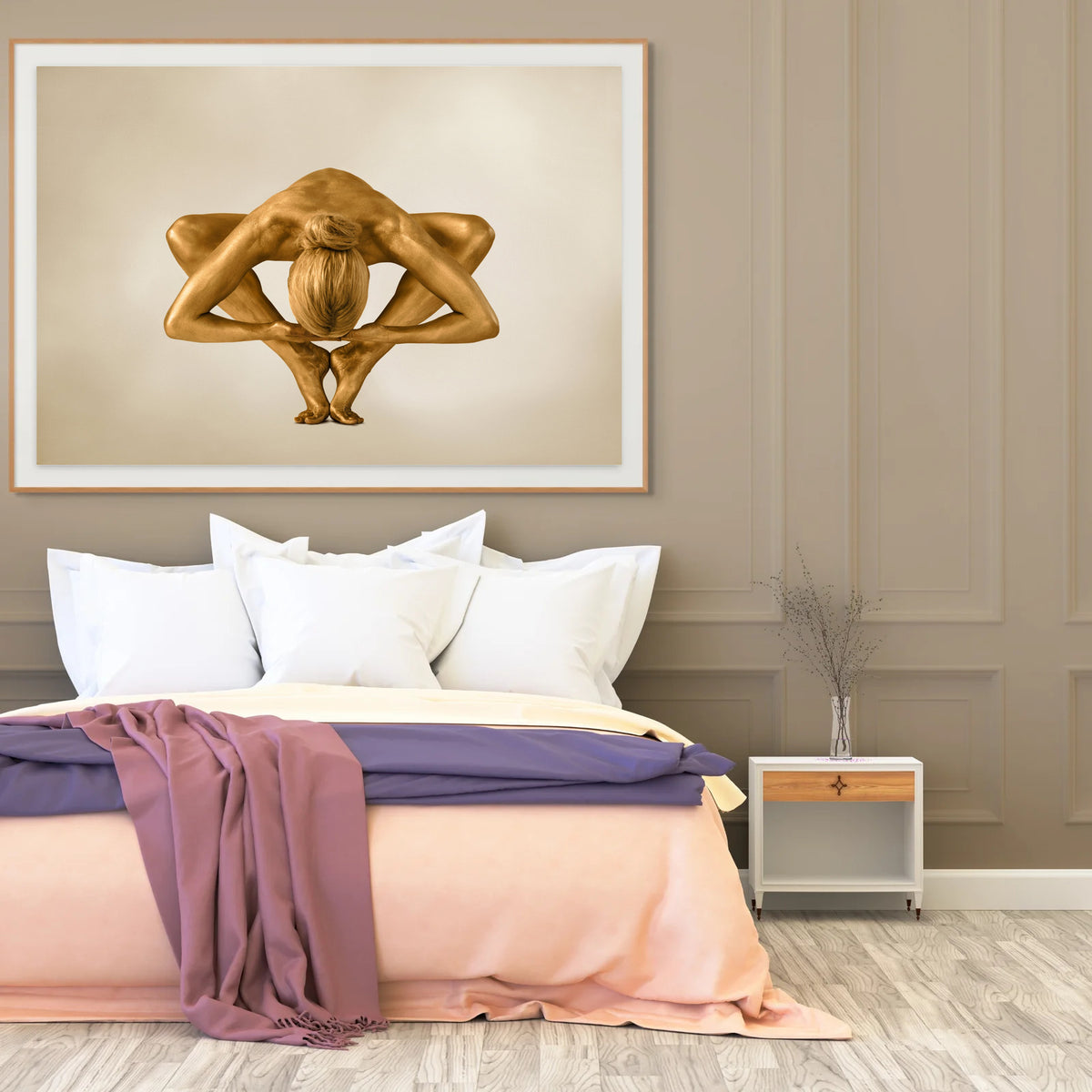 Golden-painted figure in a yoga balance pose, shape of a star, contemporary fine art photography wall decor by Zack Zublena.