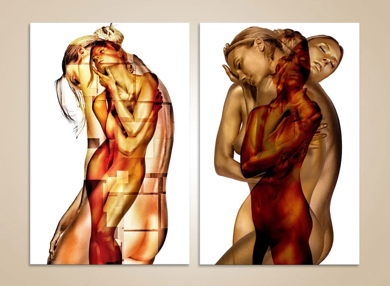 Golden abstract diptych wall art – luxury fine art photography set with geometric surreal design