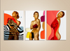 Golden female triptych with abstract pop art shapes and vibrant colors, contemporary fine art photography blending gold body painting with modern design.