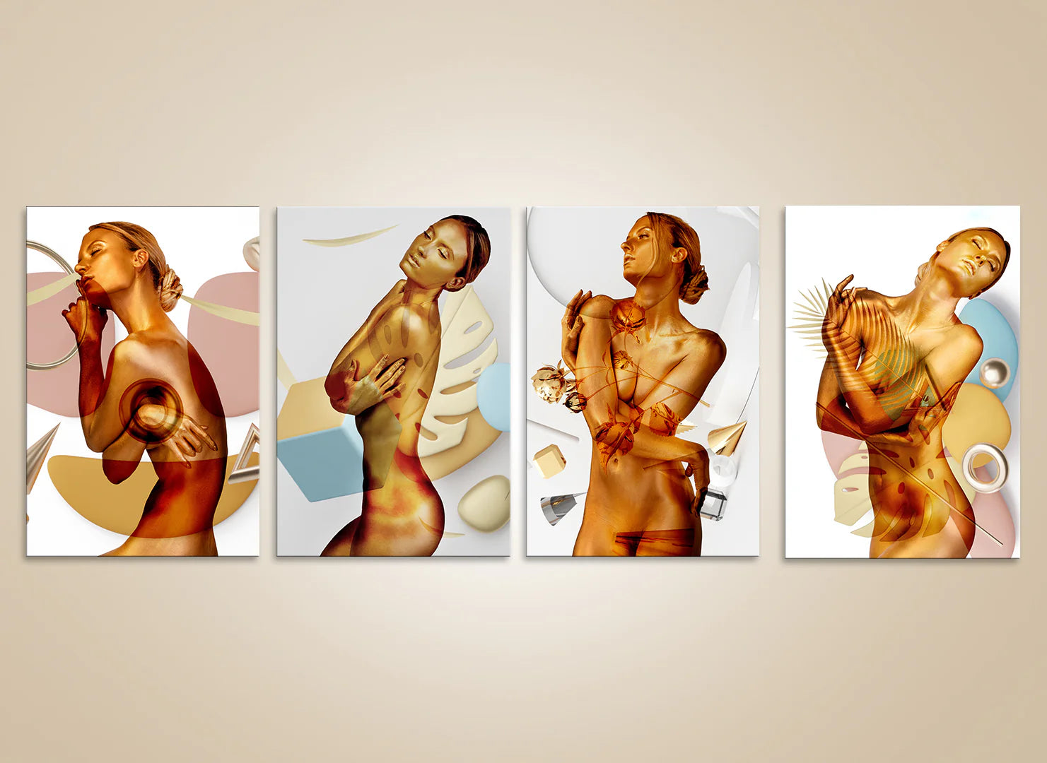 Golden abstract nude goddess quartet – surreal fine art nude photography set with geometric elements for luxury interiors