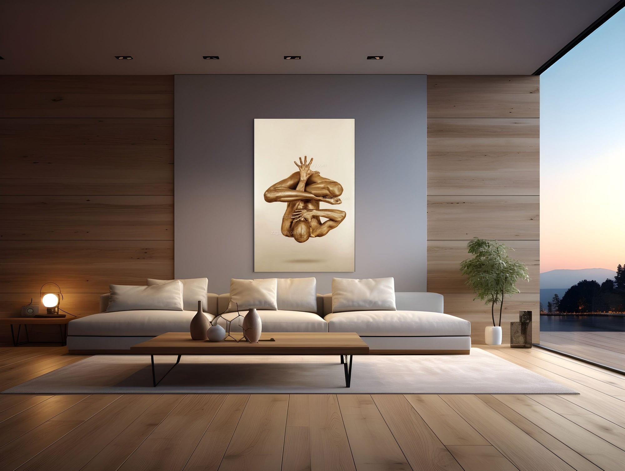 Golden-painted entwined figure in acrobatic pose by Zack Zublena, contemporary fine art photography and luxury gold wall art highlighting unity, strength, and refined body expression.