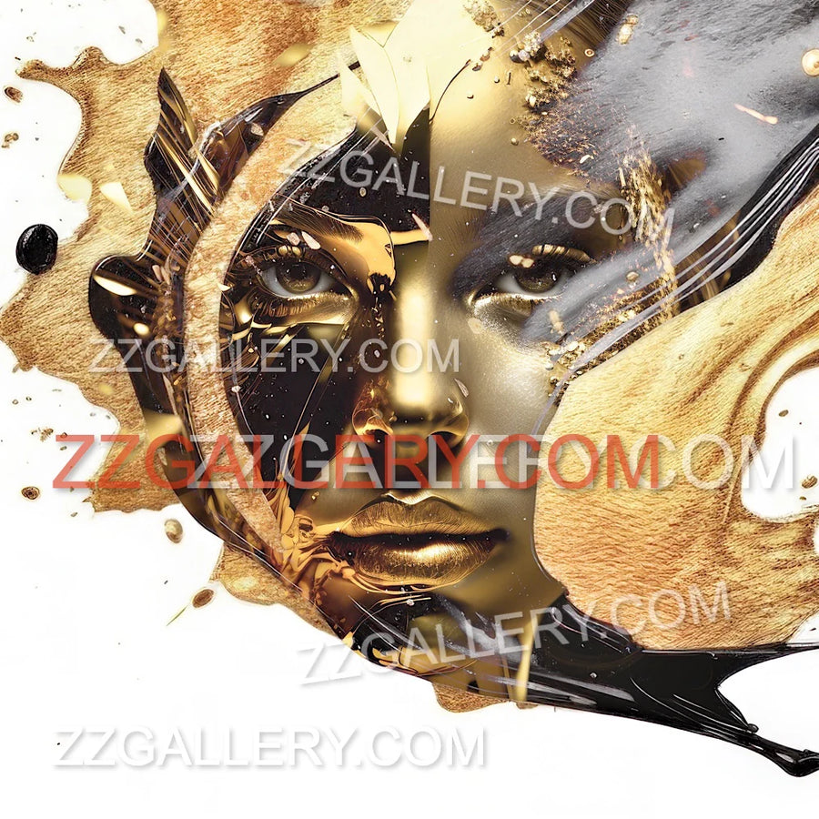 Golden surreal female face with abstract ink and gold textures, AI-generated goddess art