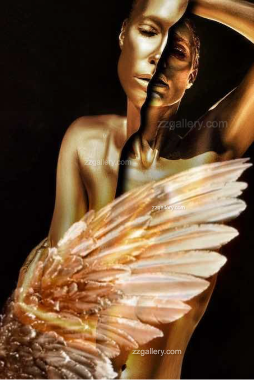 Golden surreal female artwork with fractured face and angel wing, displayed in an elegant interior with vases and natural light.