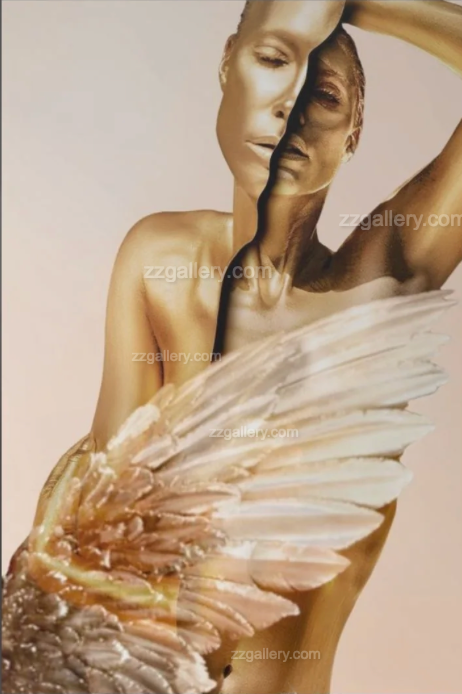Surreal golden figure artwork with abstract features and angel wing, symbolizing elegance and transformation in fine art wall decor.