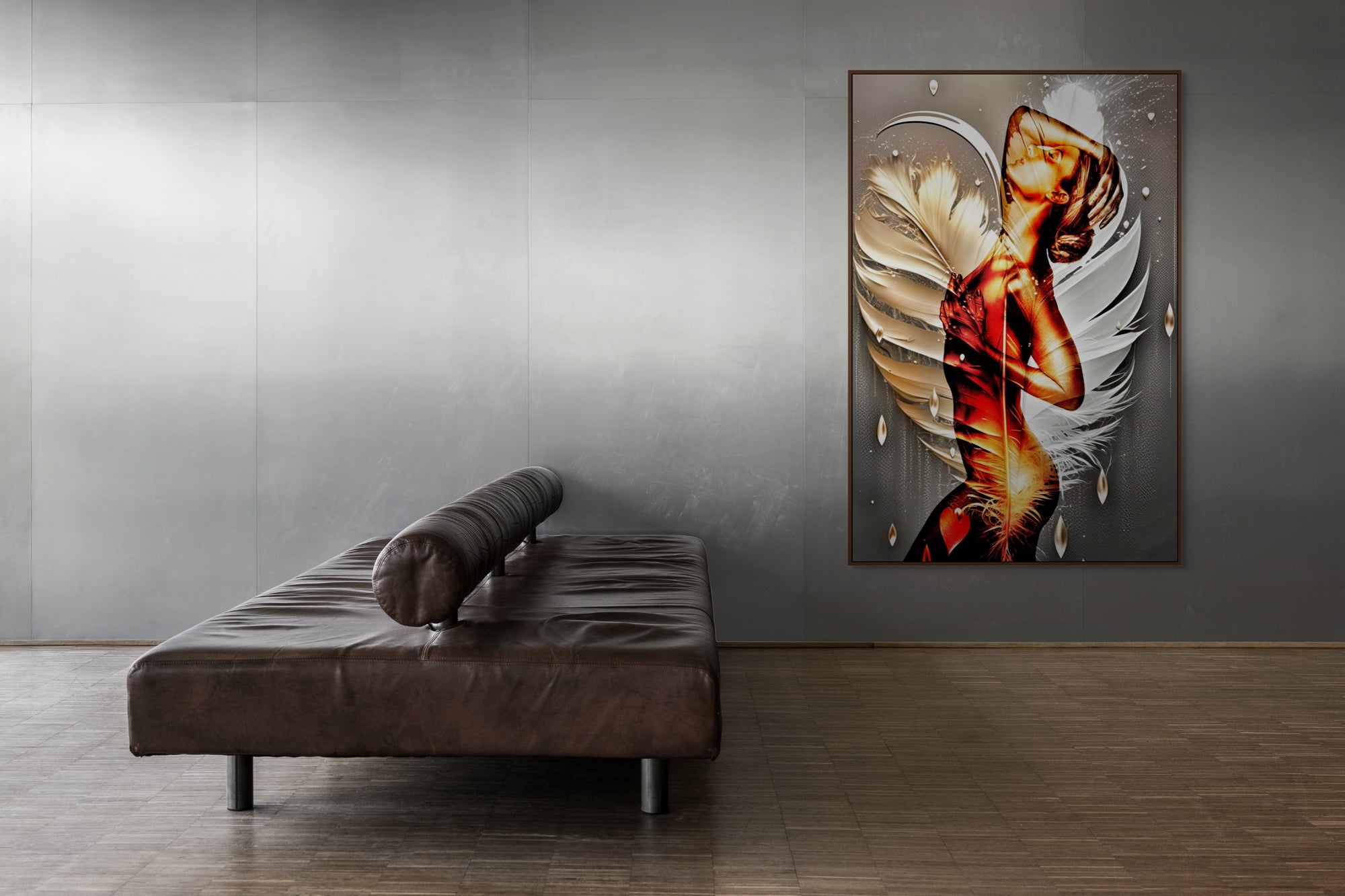 Golden-painted nude female artwork with radiant feather wings and glowing light, displayed in a modern interior with leather seating and minimalist design.