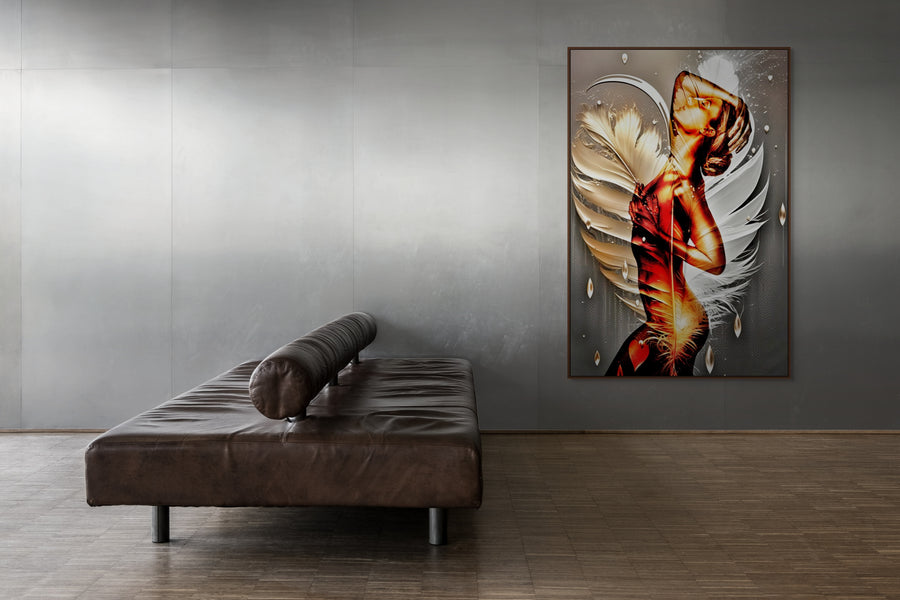 Golden-painted nude female artwork with radiant feather wings and glowing light, displayed in a modern interior with leather seating and minimalist design.