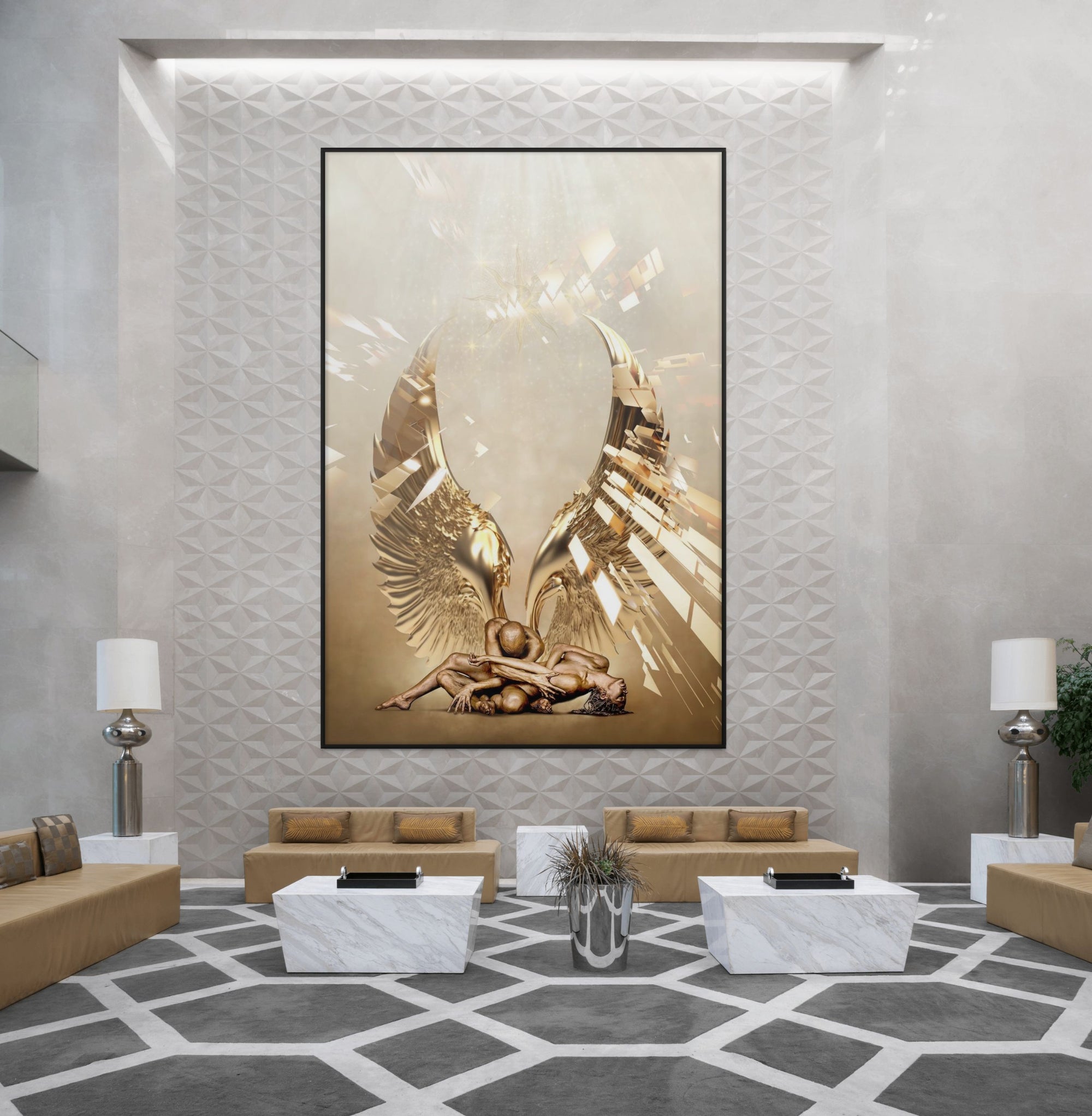 Golden angel wings fine art photography featuring a couple painted in gold, symbolizing sacred union, divine love, and celestial protection under heavenly light — luxury wall art for meditation rooms, spiritual interiors, and high-end wellness spaces.