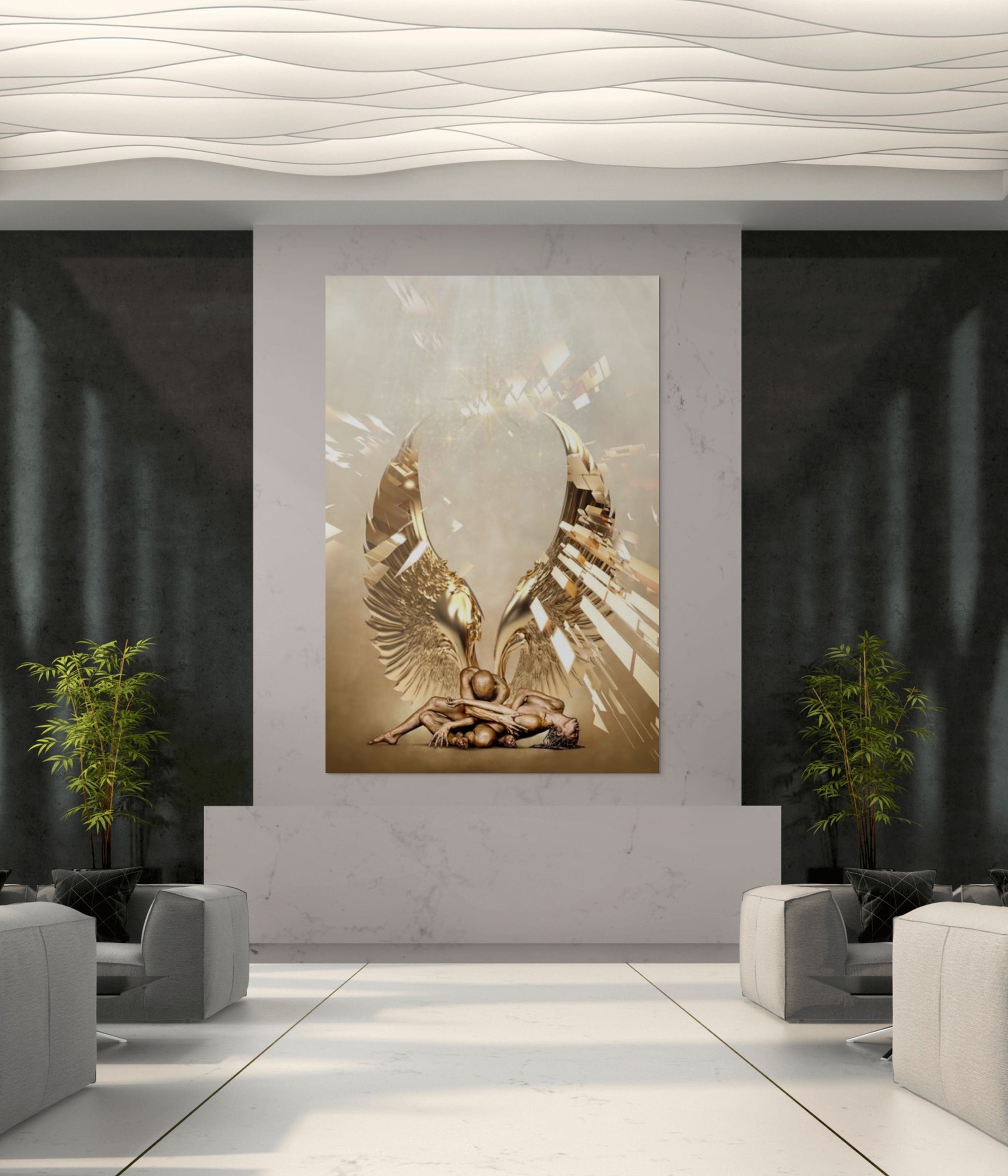 Fine art photography of golden-painted figures resting beneath expansive angel wings, illuminated by celestial light. This spiritual matrix artwork symbolizes sacred union, divine love, healing, and protection — a powerful golden composition radiating divine energy, perfect for luxury interiors, meditation spaces, wellness sanctuaries, and spiritual art collectors.