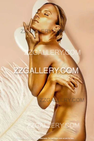 Golden female figure with angelic pose and peach-hued background by Zack Zublena
