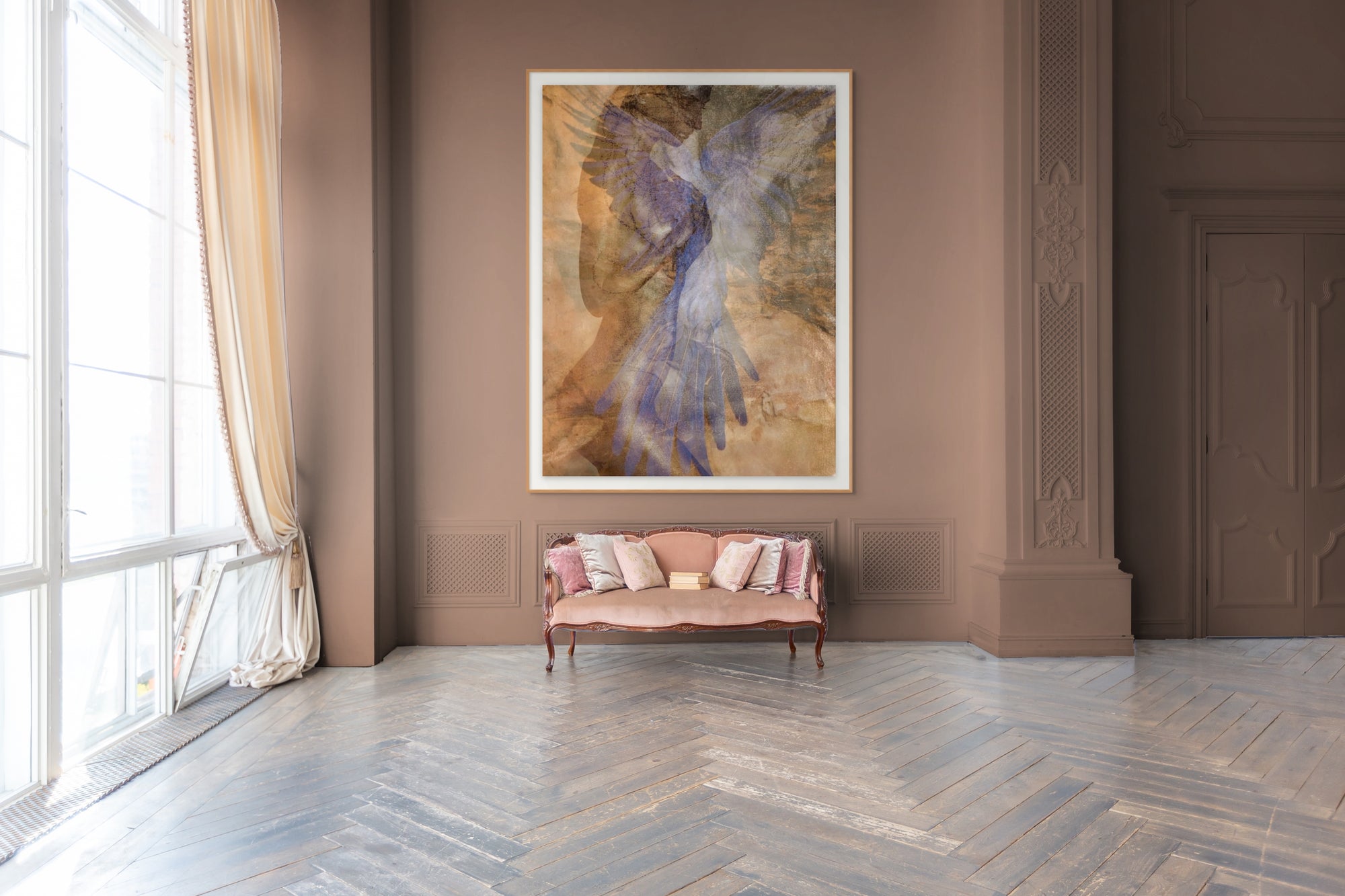 Fine art photography print by Zack Zublena showing a painted human figure with layered golden tones and translucent blue wings, highlighting form, color, and texture in a contemporary style.